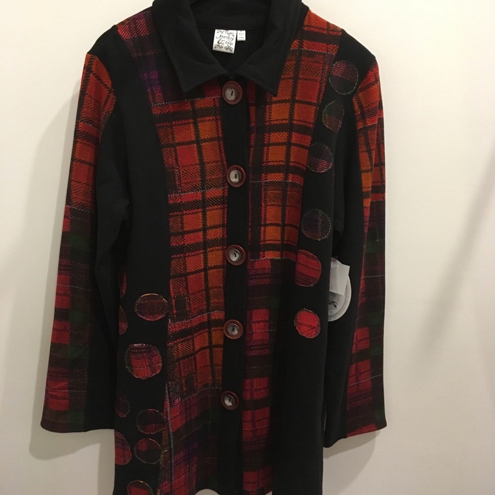Jacket with plaid red and black print